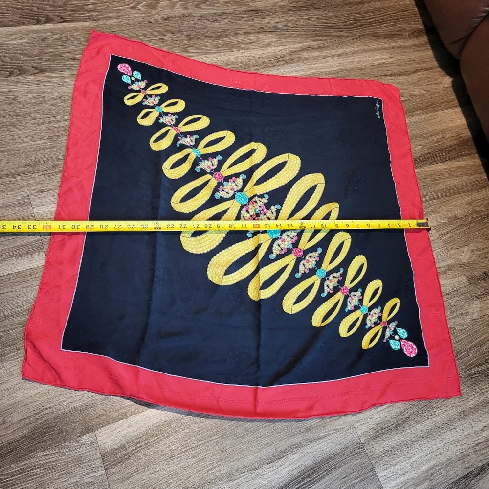 Cartier Black Scarf with Red Border and Yellow Floral Pattern